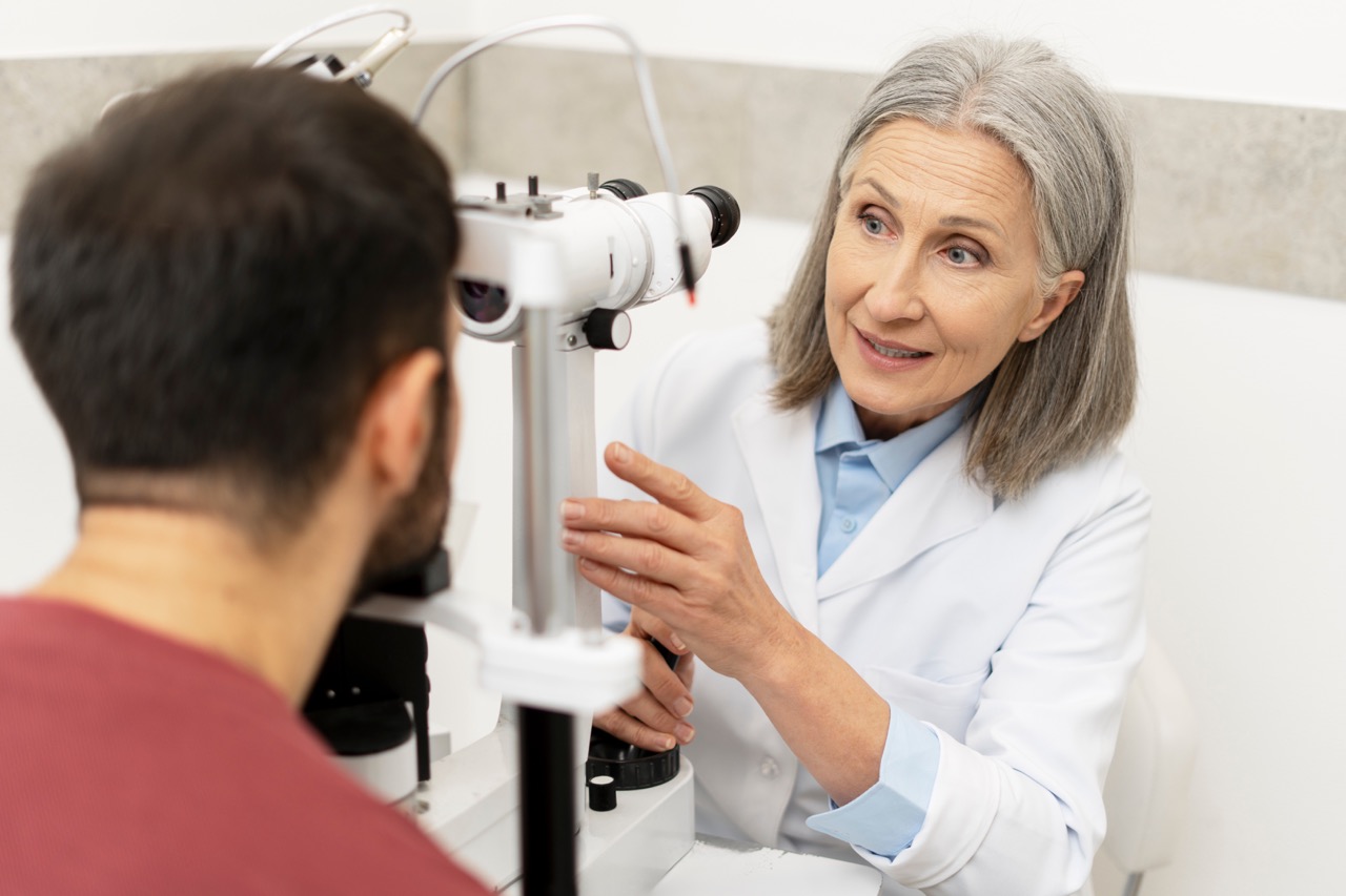A female ophthalmologist examines the eyes of a man who is suffering from eye strain.