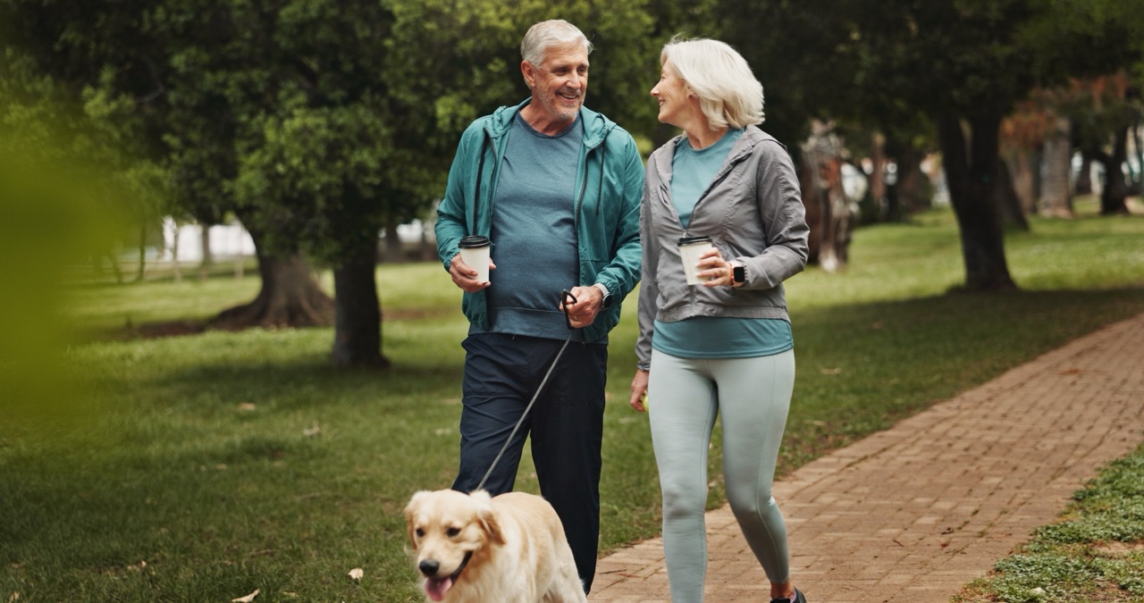 A healthy older couple walks their dog after the husband has healed from knee surgery.