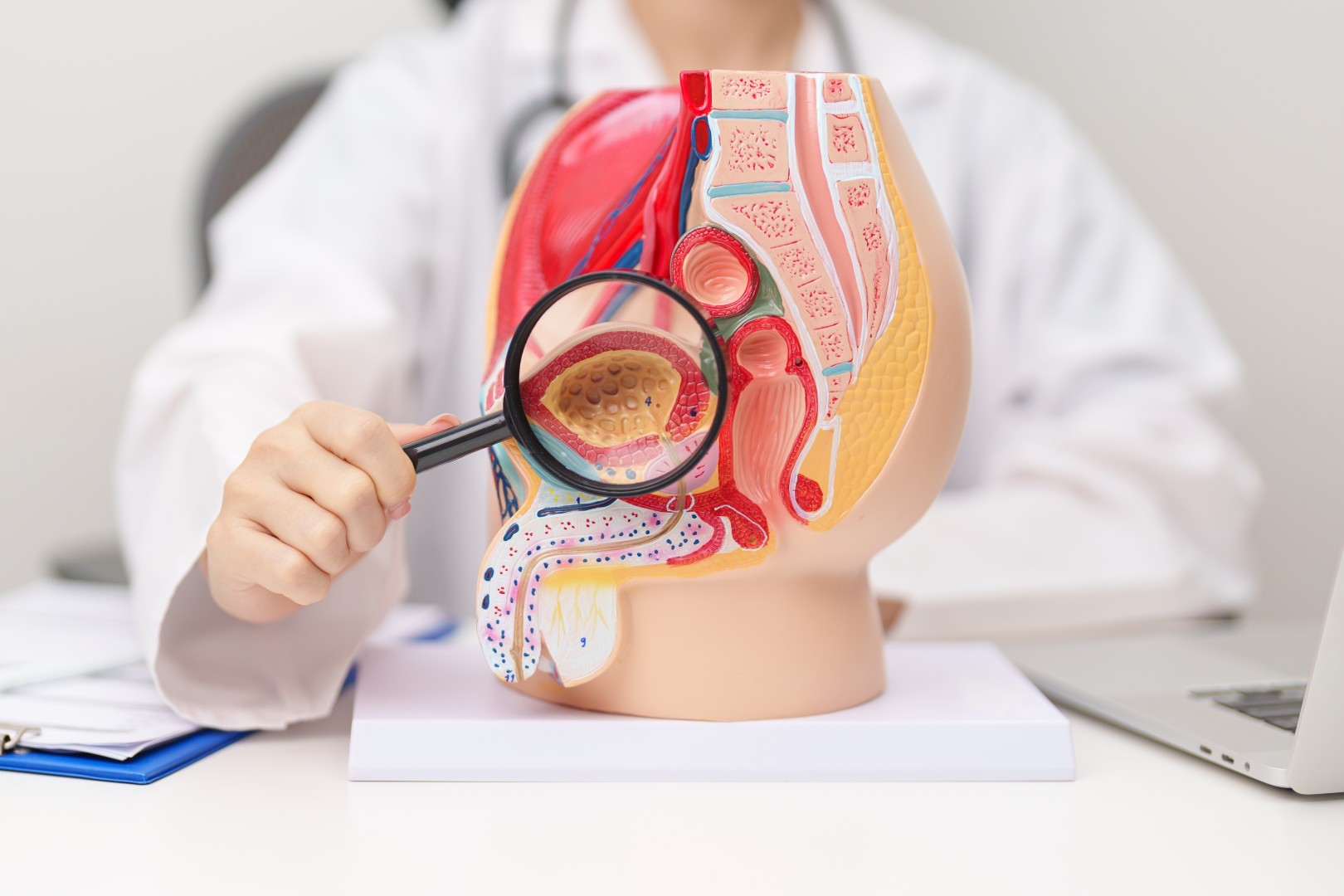 A urologist holds a magnifying glass up to a male reproductive system anatomy model to show an enlarged prostate.